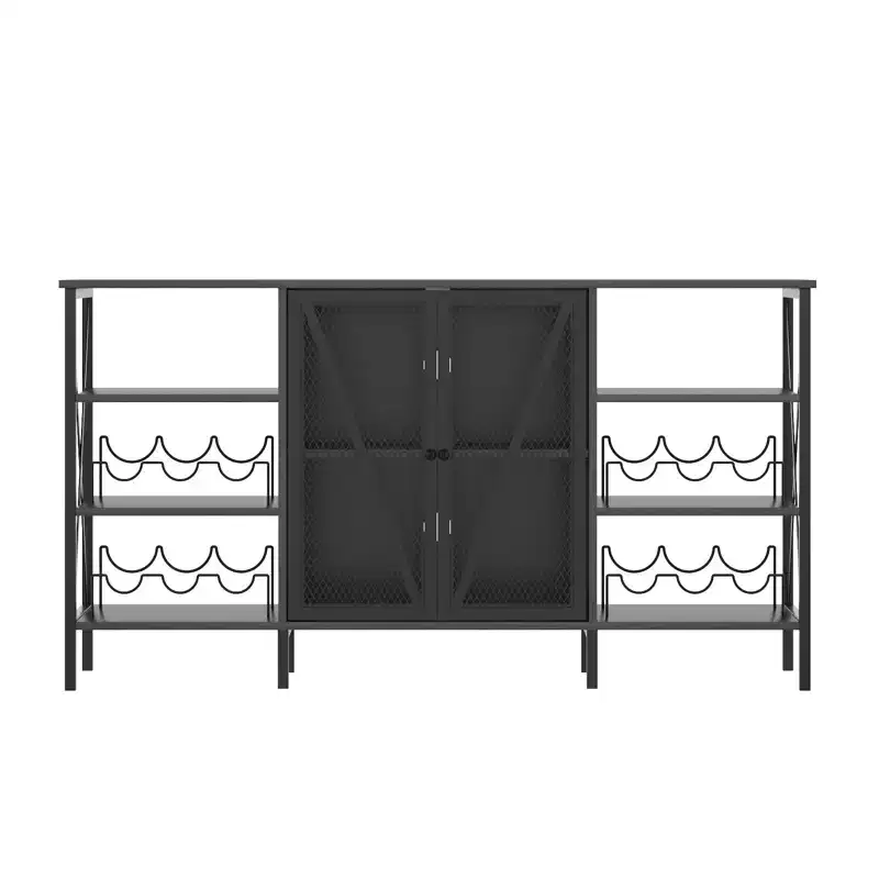 Farmhouse Wine Bar Cabinet with LED Light, Industrial Coffee Bar with Wine Rack and Glass Holder
