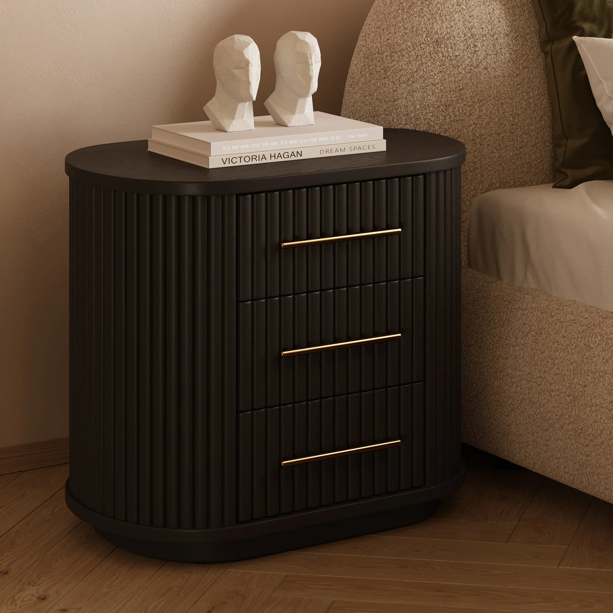Modern Black Nightstand with Solid Oak Frame for Bedroom