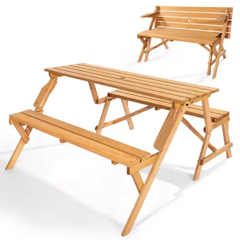 2-in-1 Transforming Picnic Table, Outdoor Wooden Table and Bench Set with Umbrella Hole, Foldable Patio Dining Furniture for Garden, Backyard, Porch