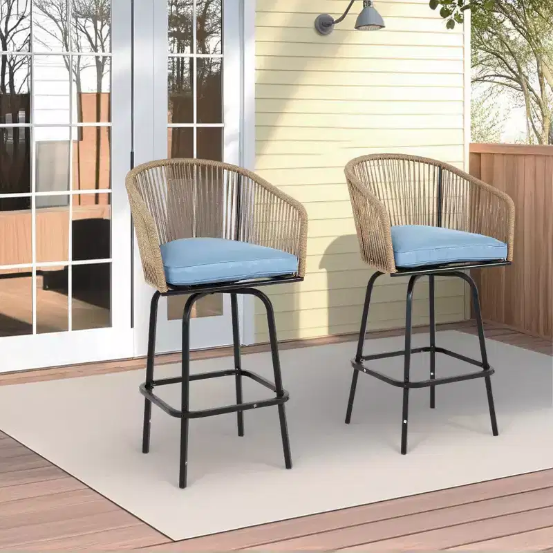 Whisen 2-Piece Patio Bar Stools with Armrests & Backrest, Wicker Bar Stools for Backyard, Garden
