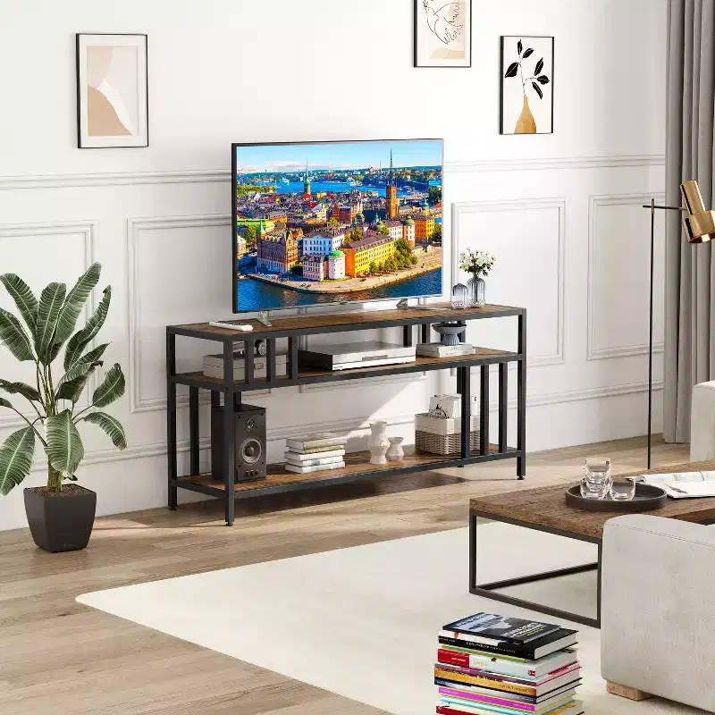 Brown & Gray 2-Tier Open Shelf TV Stand, Fits TVs up to 65