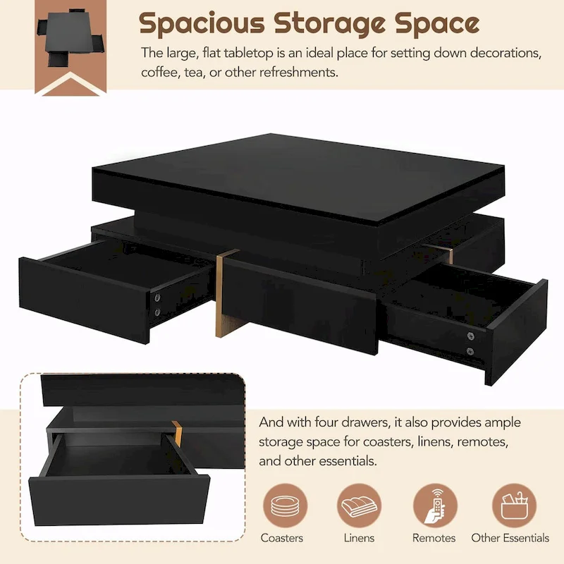 Stylish High Gloss Coffee Table with 4 Drawers