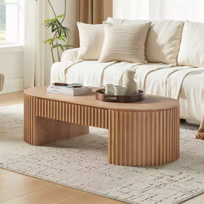 GDFStudio Manuel Modern Wooden Oval Pedestal Coffee Table with Drawer and Handcrafted Relief