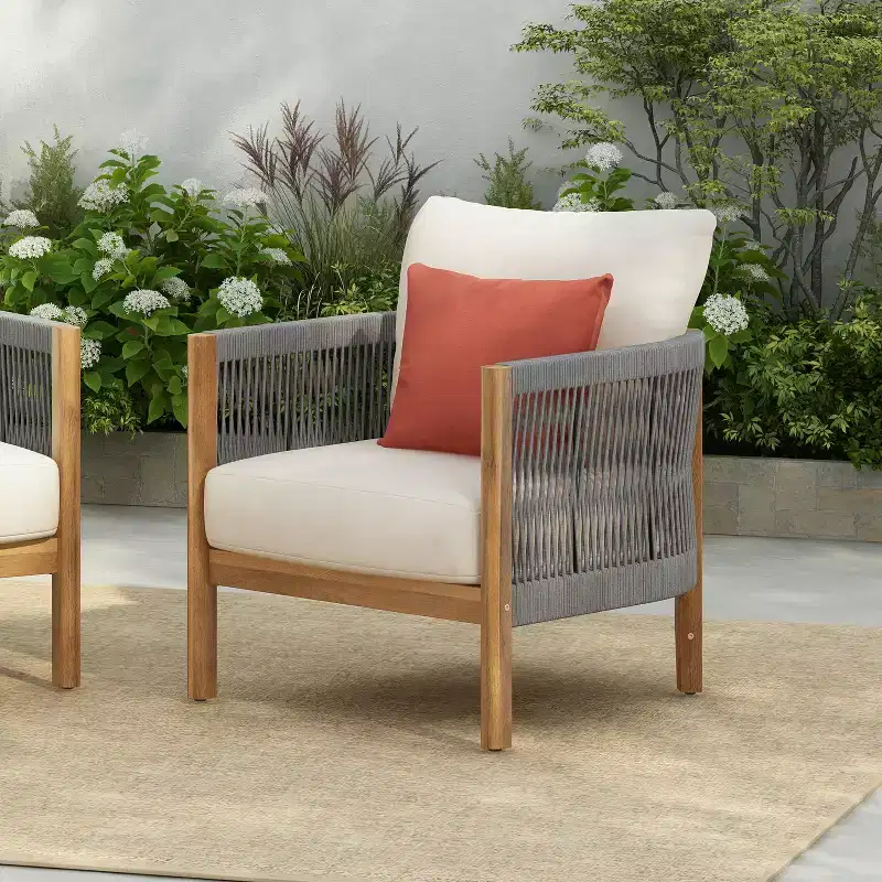Christopher Knight Home Celeste Patio Rope Weaving Acacia Wood Upholstered Club Chair
