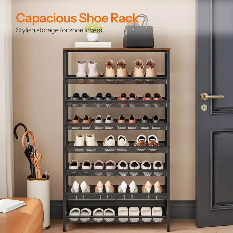 8-Tier Shoe Rack – Holds 21–24 Pairs, Space-Saving Rustic Brown & Black