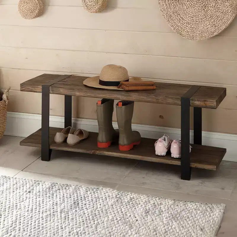 Solid Wood Entryway Bench with Storage Shelf, Rustic Natural