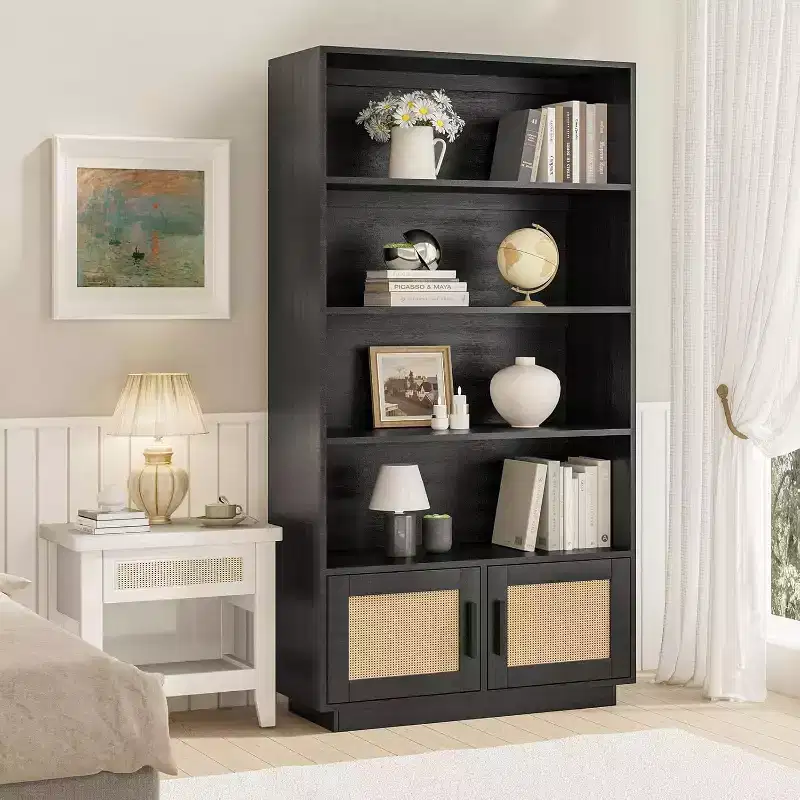 5-Tier Wooden Bookcase with Rattan Doors - 63 Tall Boho Bookshelf with Storage Natural Wood & Woven Rattan