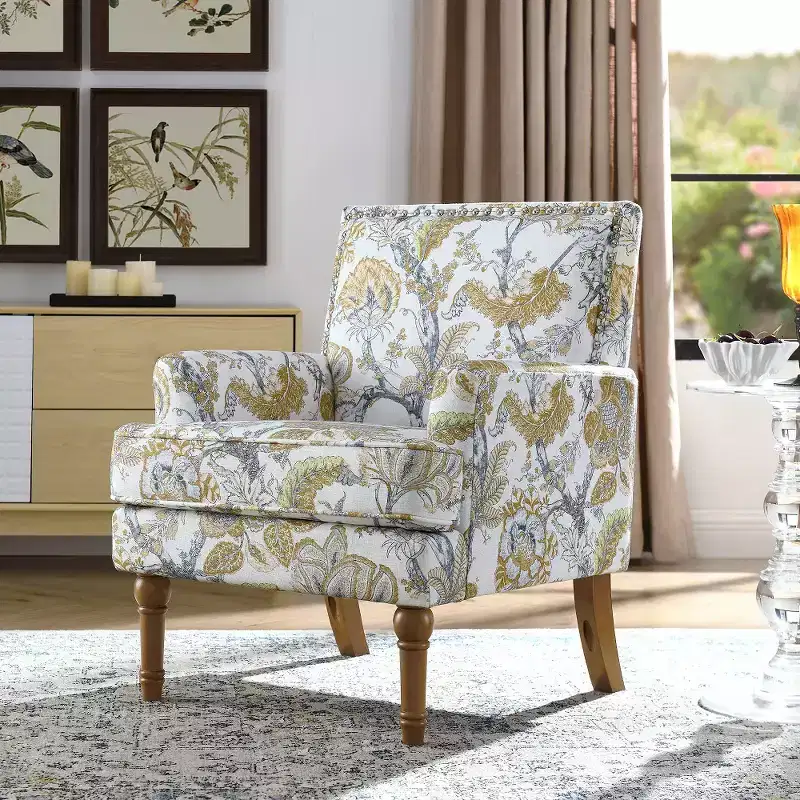 Floral Upholstered Accent Chair with Nailhead Trim, Solid Wood Legs