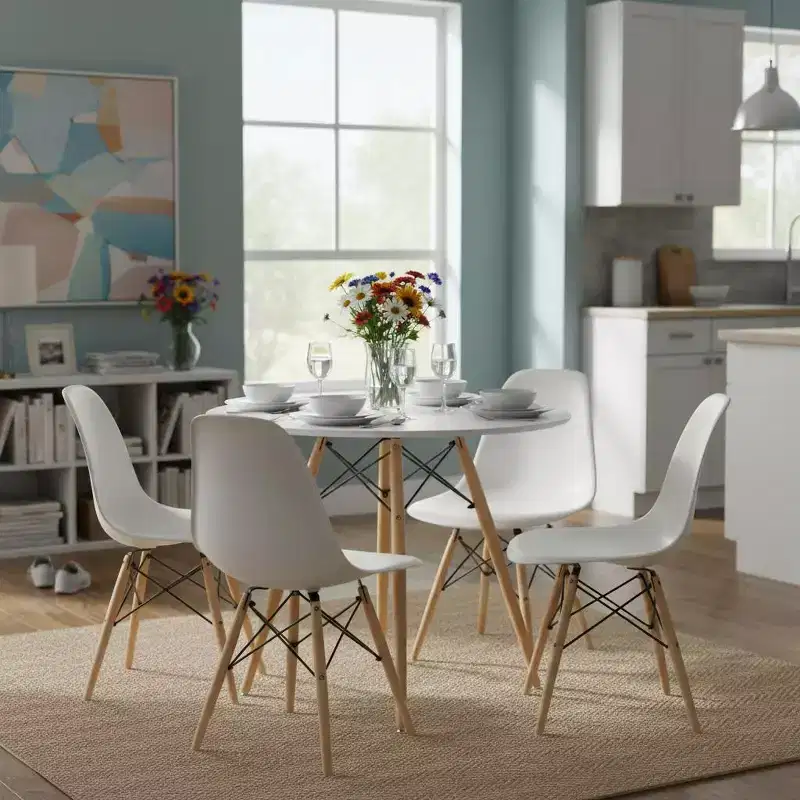 Round Dining Table 31.5 Inch for 2-4 Person, Stylish Circle Table with Wooden Legs for Home Kitchen, Cafés, Leisure Rooms, White