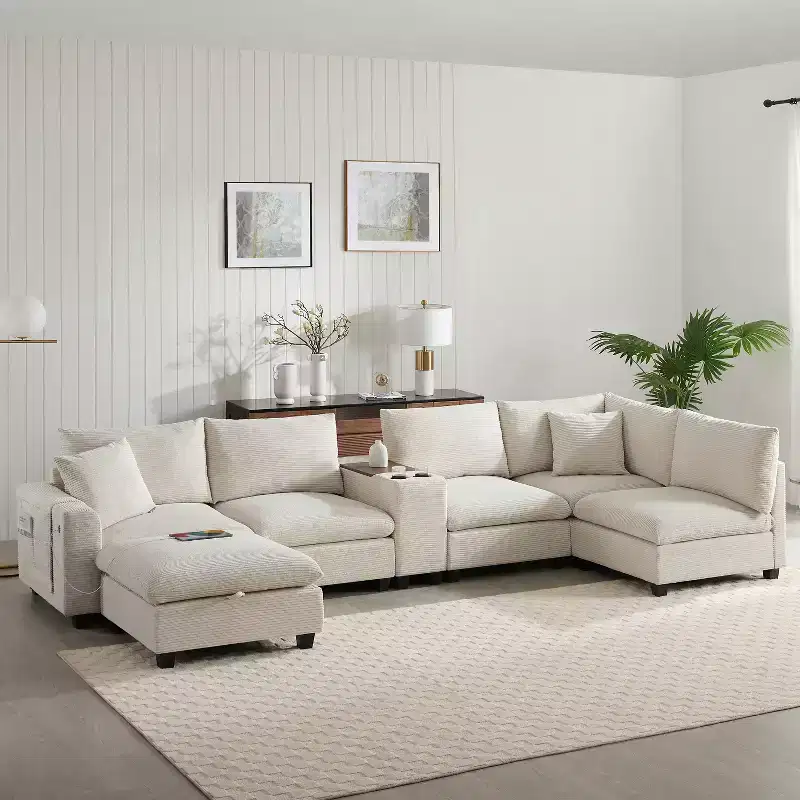 140'' Oversized U-Shaped Modular Sectional Sofa with Ottoman Console USB Charger Cup Holder Storage Corduroy Upholstery 6 Seats for Living Room