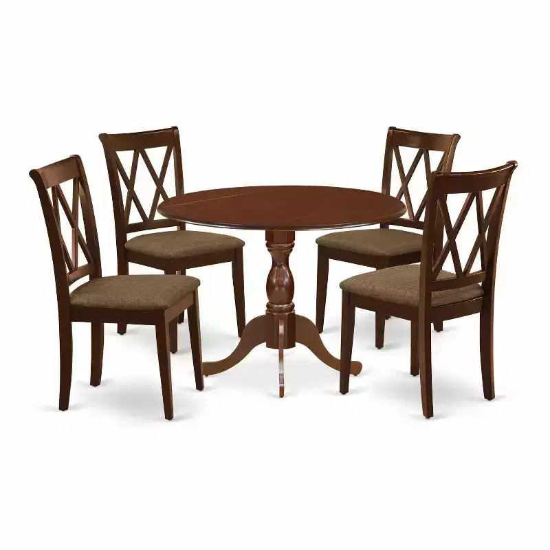 5-Piece Mahogany Finish Solid Wood Top Dining table with 4 Chairs with Drop Leaf Lattice Back