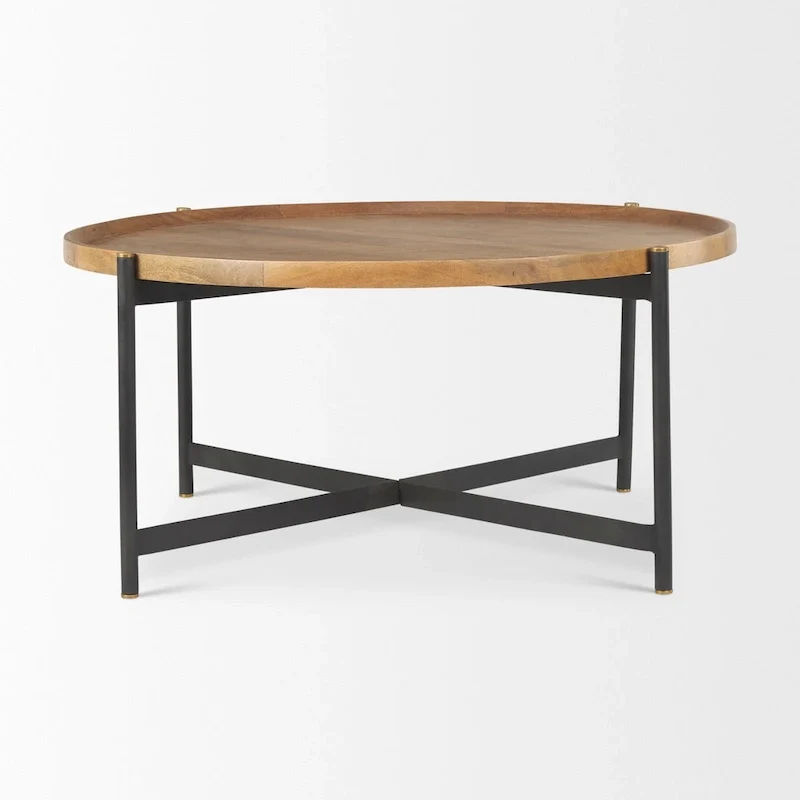 Marquisa Medium Brown Solid Wood w/ Black Iron Frame 42 Round Coffee Table - 42L x 42W x 19H