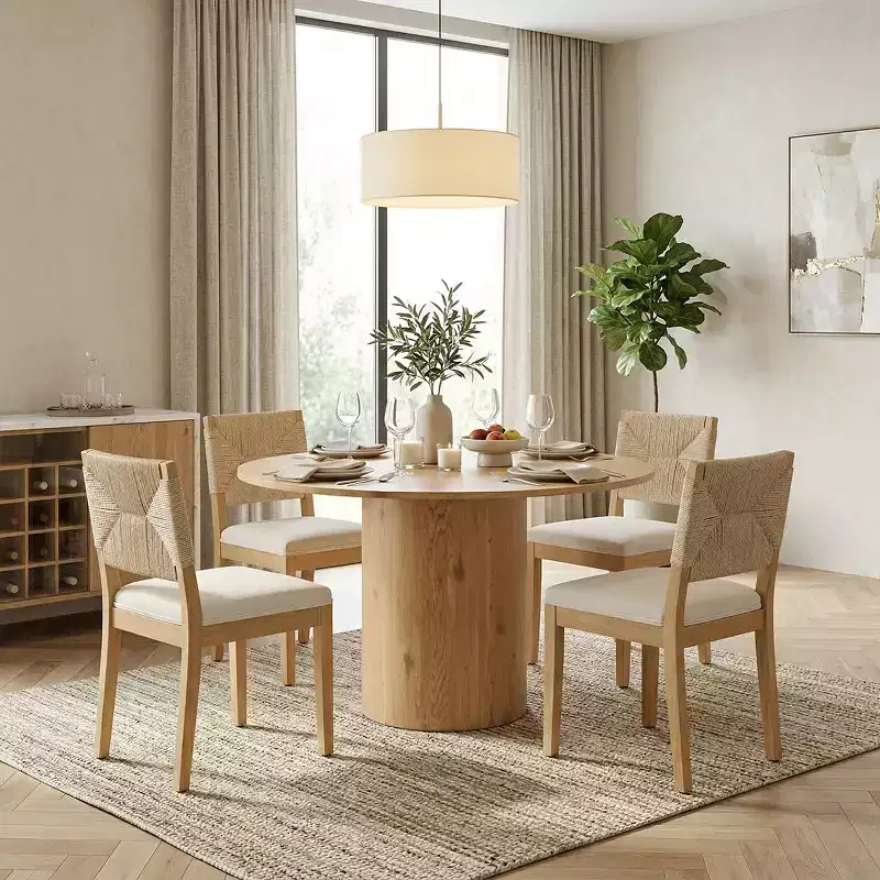 French Country Woven Back Dining Chairs Set of 4, Solid Wood Dining Room Chairs with Linen Upholstered Seat, Modern Kitchen Chairs