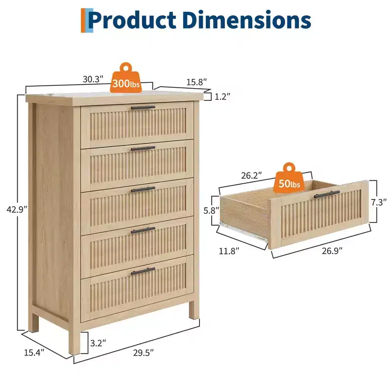 5 Drawer Dresser for Bedroom, 45'' Tall Wooden Chest of Drawers with Metal Handles, Dresser Narrow Nightstand, Fluted Clothes Storage Organizer