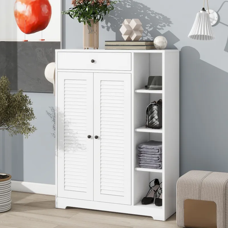 Freestanding Shoe Rack Organizer with 2 Shutter Door, Entryway Narrow Shoe Storage with Adjustable Storage Shelf &Top Drawer
