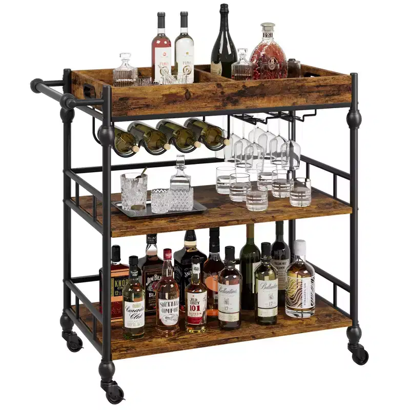 Acekool Bar Cart for Home, 3 Tier Rolling Cart with Removable Tray, Brown Gray Metal Frame, Serving Storage Shelves for Kitchen Dining