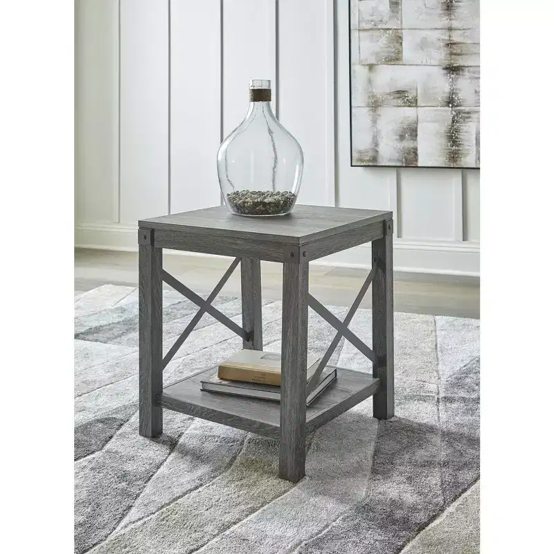 Modern Farmhouse Square End Table with Crossbuck Accents – Grayish Brown