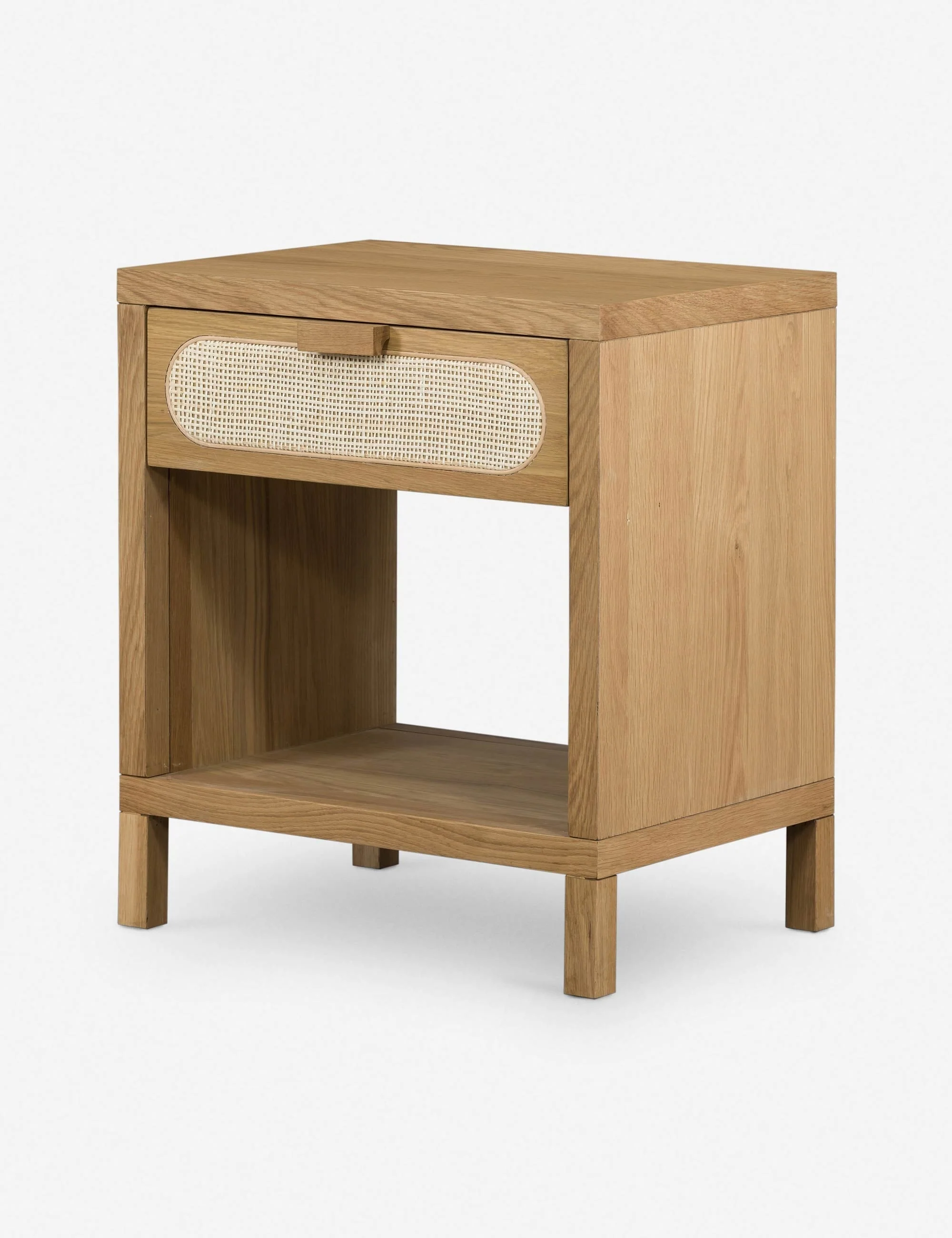 Nightstand This wooden nightstand brings transitional elements to the forefront of your bedroom, thanks to a wicker caned oval on the single drawer