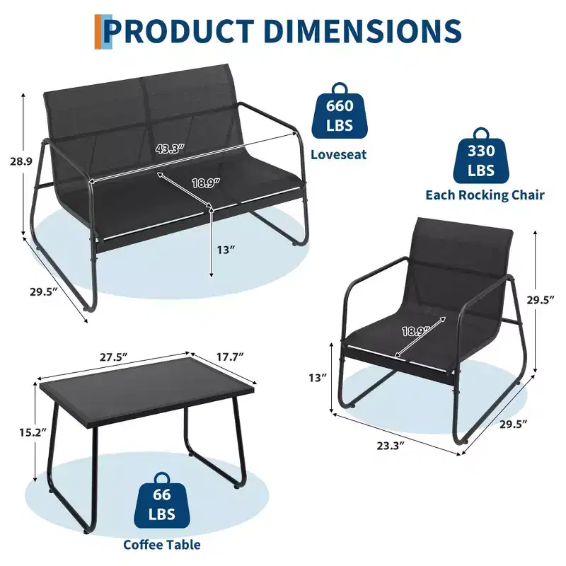 4-Piece Outdoor Patio Set with Textilene Fabric & Tempered Glass Table  All-Weather Conversation Furniture for Garden, Pool, Balcony