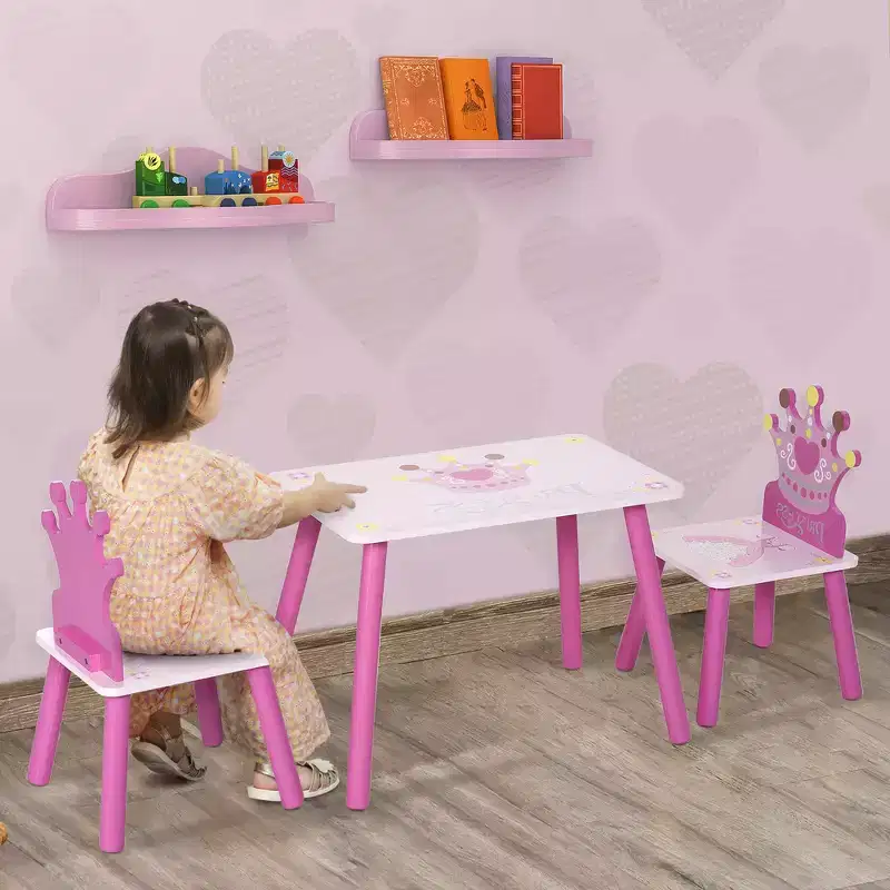 Whisen Kids Table & Chair Set, Toddler Desk Set with MDF & Pinewood Table, Safe Round Edge Design - Pink
