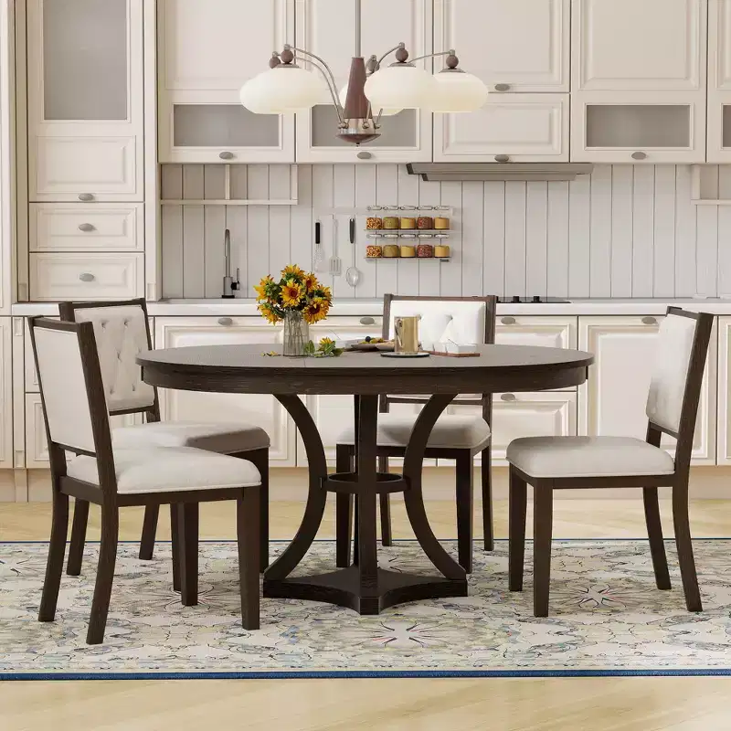5-Piece Retro Dining Set with Extendable Round Table and 4 Upholstered Chairs