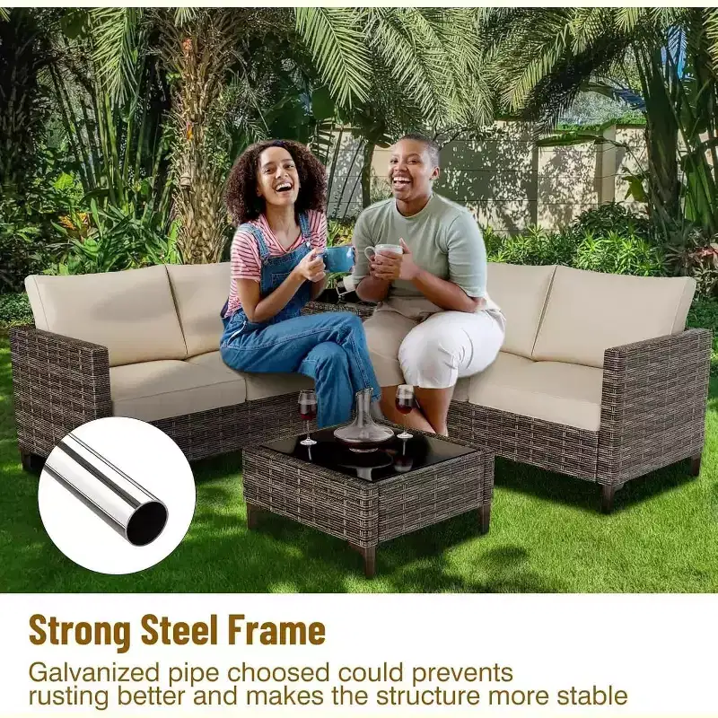 4-Piece Outdoor Patio Set, Rattan Wicker Sectional Furniture with Storage Box and Glass Top Table for Backyard