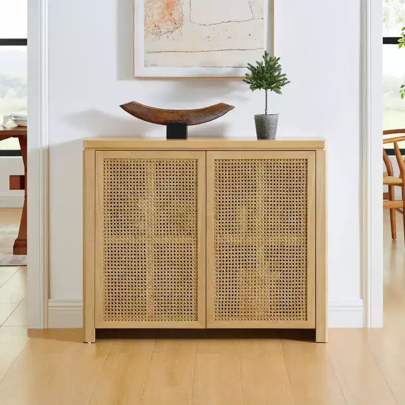 Mid Century Wooden Buffet Sideboard Storage Cabinet with Rattan Doors, Retro Coffee Pantry Cabinets for Dining Room, Kitchen