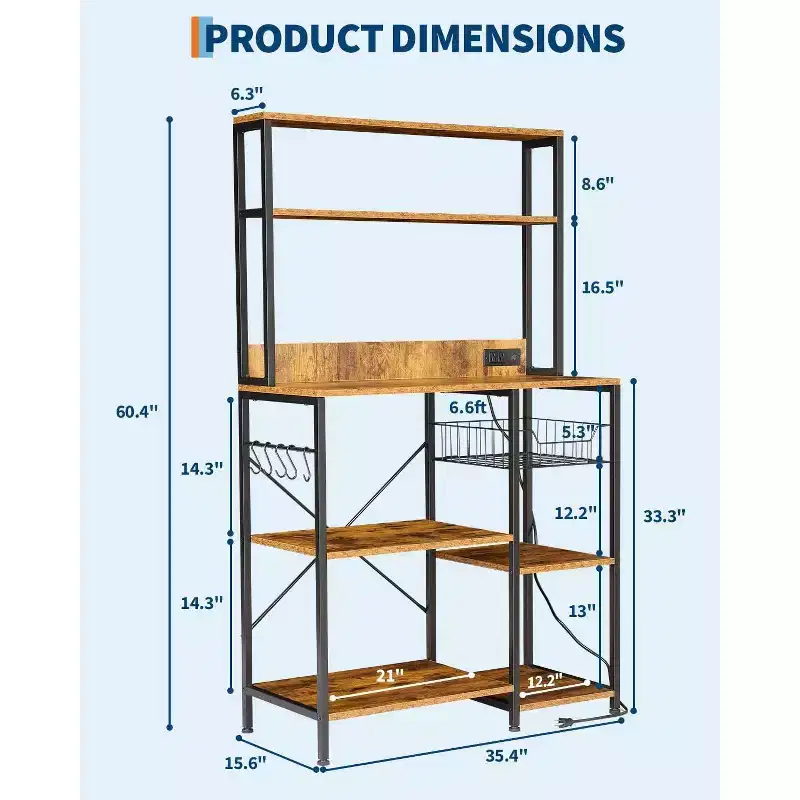 Kitchen Bakers Rack 55 * 66inch, Microwave Oven Stand with Storage 4 Tiers, Coffee Bar Table with 6 S Hooks, Kitchen Storage Shelf Rack for Pots