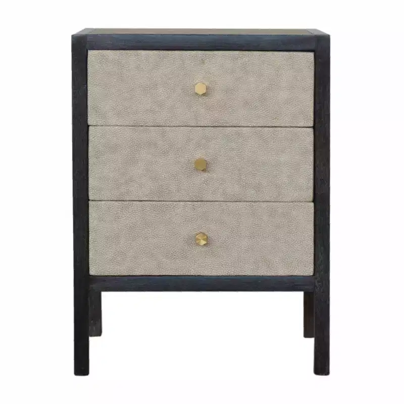 HomeRoots 24 Gray And Black Solid Wood And Faux Shagreen Three Drawer Nightstand