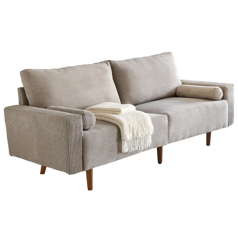 Mid-Century Modern Upholstered Sofa Couch with Rolled Pillows