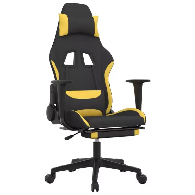 vidaXL Massage Gaming Chair with Footrest, Black and Yellow, Fabric