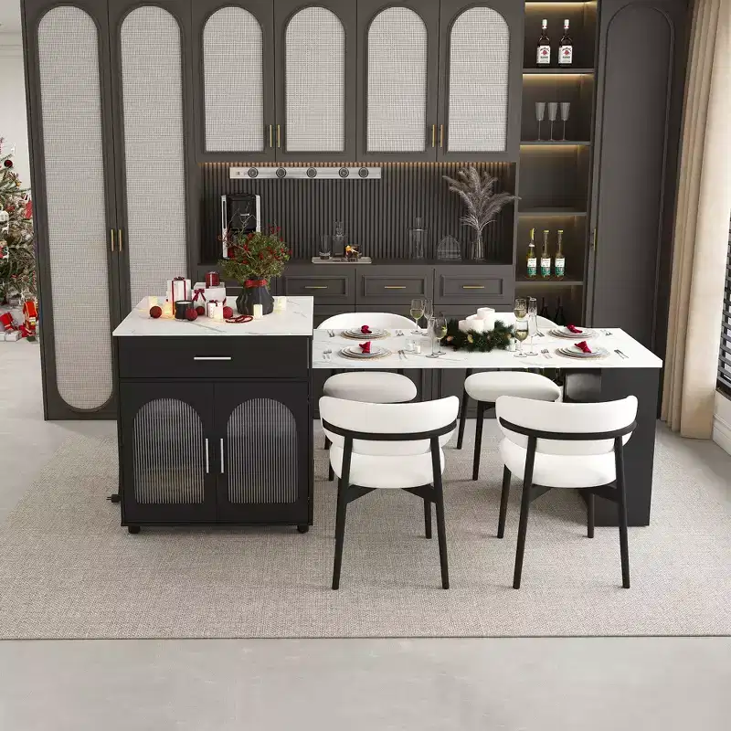 Kitchen Island with Dining Table, Wood Grain Countertop with Power Outlet, Mobile Storage Cart with Cabinet & 2 Drawers, Kitchen Prep Table