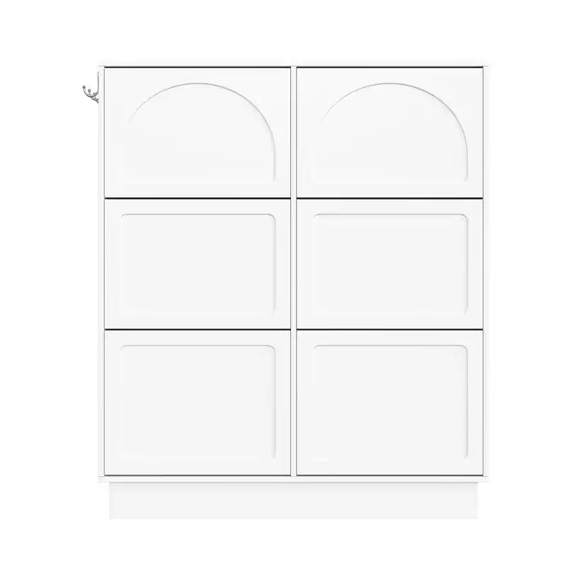 VIYET 49 Cream-Style Narrow Shoe Cabinet, White MDF Organizer w/ 6 Flip Drawers & 3 Silver Hooks (Adjustable Shelves)