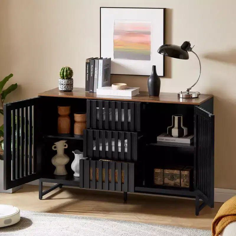GDFStudio Rosina Modern Slatted Grille Striped Storage Cabinet