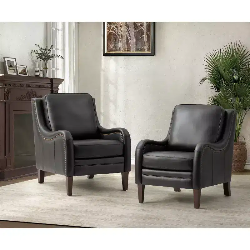 Set of 2 Regina 27.56 Wide Genuine Leather Armchair with Removable Cushions and English Arms| ART OF LIVING DESIGNS