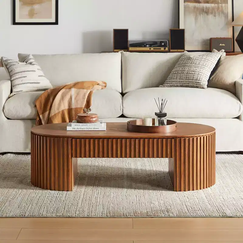 GDFStudio Manuel Modern Wooden Oval Pedestal Coffee Table with Drawer and Handcrafted Relief