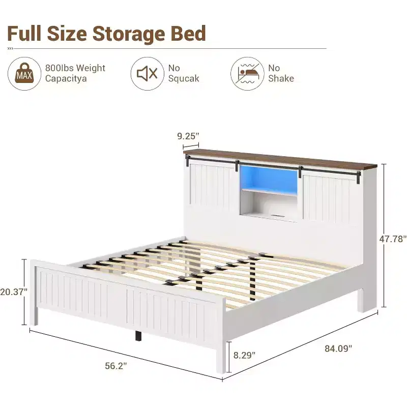 Farmhouse Bed Frame with Storage Bookcase Headboard, LED Lights, Charging Station, 2 Sliding Barn Doors, No Box Spring Needed, White+Walnut
