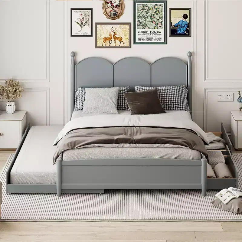 Queen Storage Bed with Twin XL Trundle, Wood Queen Size Platform Bed with 2 Storage Drawers