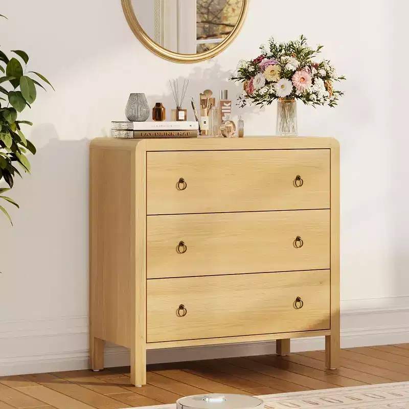 Curved Drawer Dresser for Bedroom, Chest of Drawers with Metal Handles, Modern Wood Dresser Storage Cabinet for Closet, Living Room