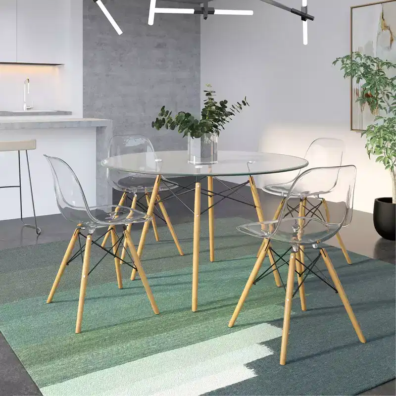 LeisureMod Cresco (Set of 4) Mid-Century Modern Acrylic Dining Chairs with Wooden Dowel Eiffel Legs  Kitchen & Dining Room Chairs
