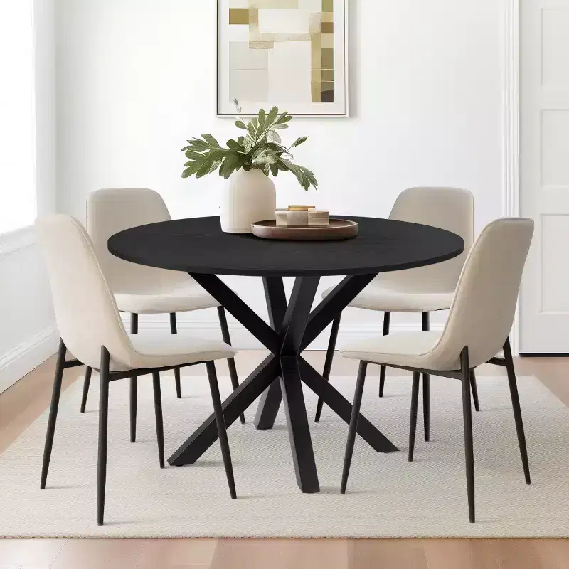 5-Piece Round Dining Table Set with 4 Upholstered Chairs, Black Pedestal Kitchen Table for Small Spaces-Panipeachy