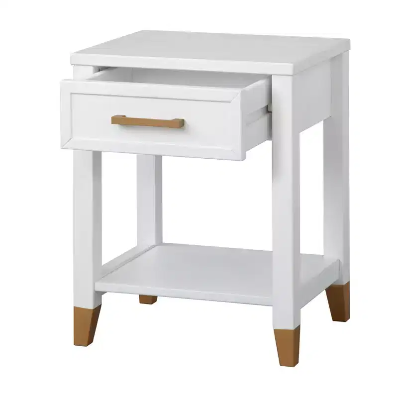 White Mid-Century End Table with Storage Drawer & Lower Shelf