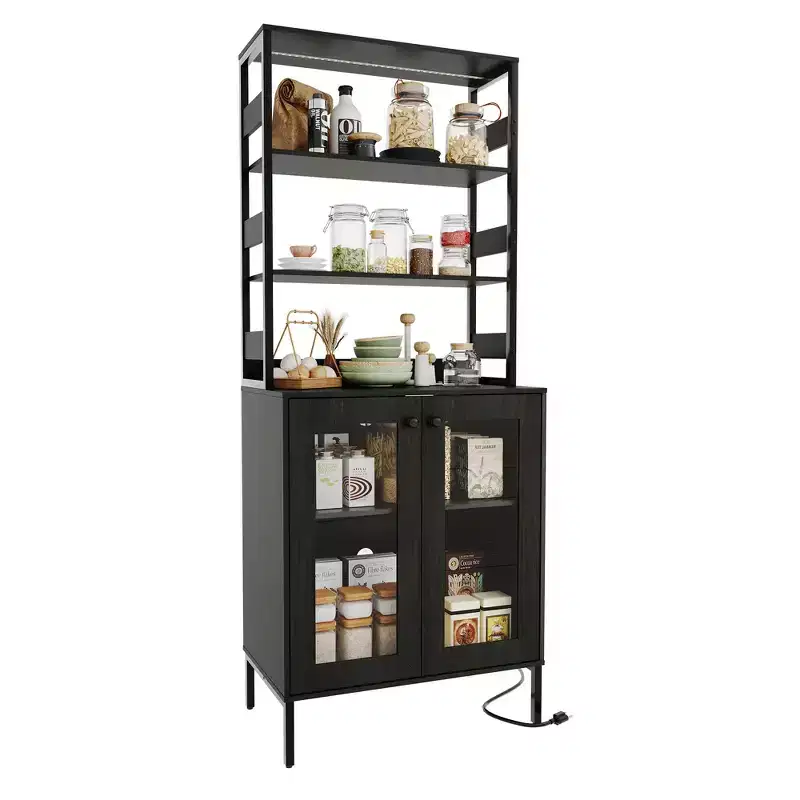 67 Tall Coffee Bar Cabinet with Music-Sync RGB LED Lights & Power Outlet - Kitchen Baker's Rack with Glass Doors & Adjustable Shelves