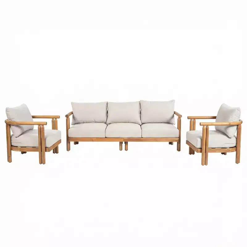 ModernLuxe 3pcs Patio Sofa Set Outdoor Conversation Chat Set Weather-resistant Garden Seating Group with Soft Cushions&Club Chairs, Beige&Teak