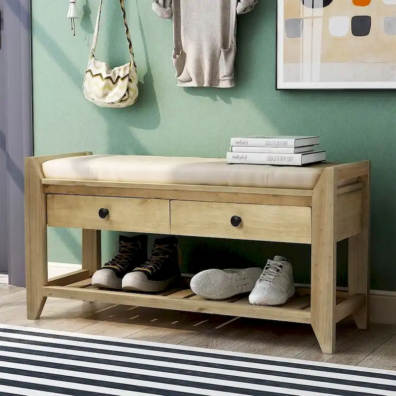39-Inch Upholstered Storage Bench with 2 Drawers and Shoe Rack