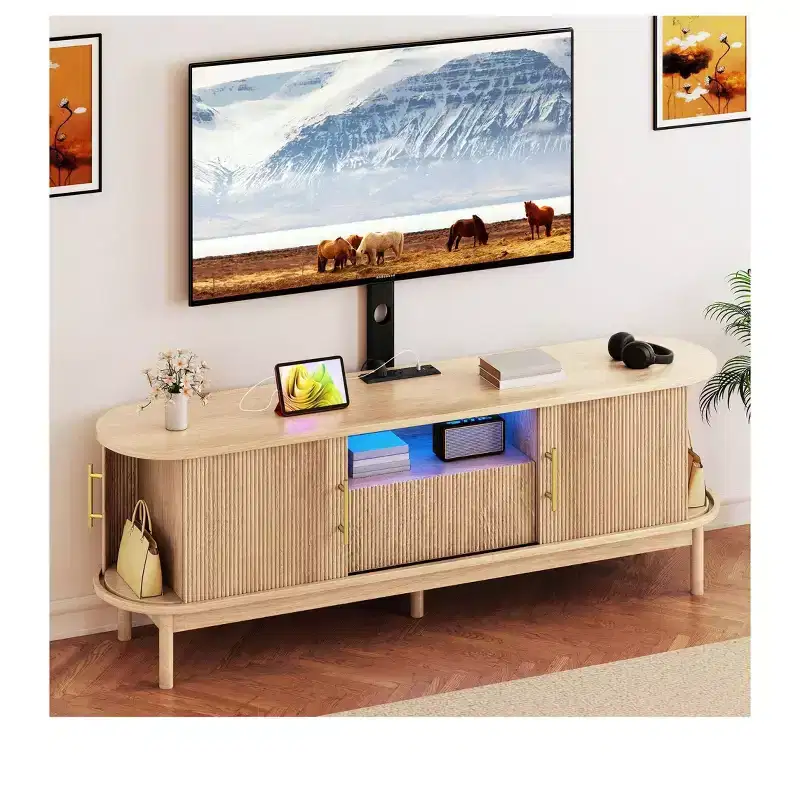 Fluted TV Stands with Mount, LED Entertainment Center for 75 Inch TVs, Curved TV Stand with Power Outlets & LED Light for Living Room,Natural Oak
