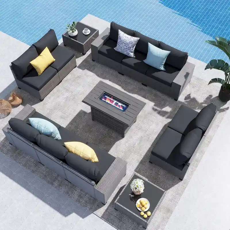 13-Piece 10 Person Patio Free Combination Wicker Conversation Set With Waterproof Cushions and Firepit Table