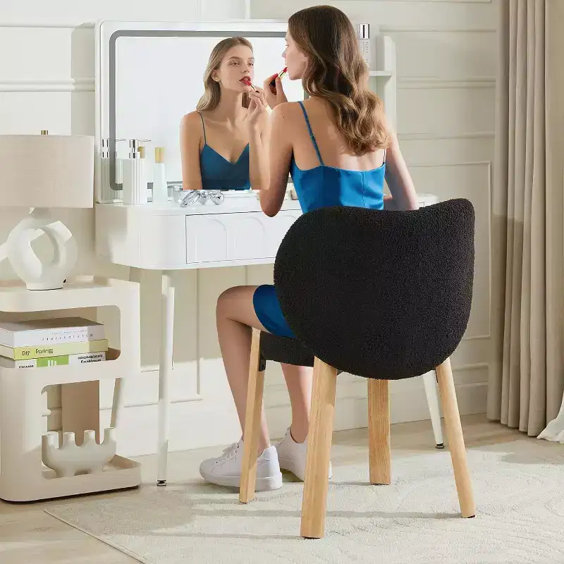 Cute Vanity Chair with Love Backrest, Modern Makeup Vanity Stool Teddy Fabric for Dressing Home Office Bedroom Dinning Room and Living Room