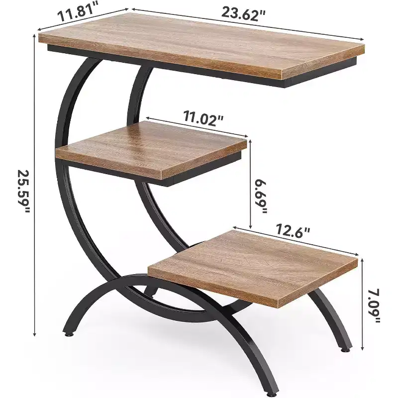 Lantine Industrial C-Shaped Narrow End Table with 3 Storage Shelves, Wood Top and Black Metal Frame, Ideal for Living Room, Oak Finish.