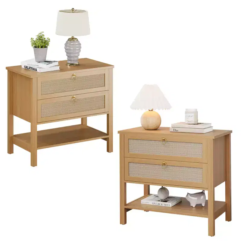 Rattan nightstand, modern style bedside table with 2 drawers, with open storage shelf, suitable for bedroom living room, cherry wood, 2 sets